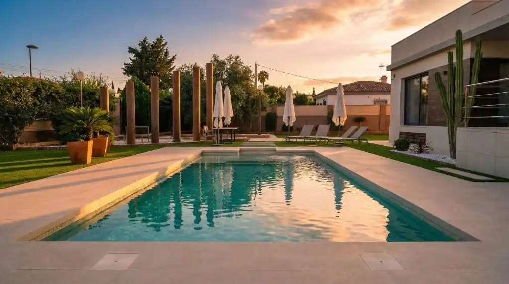 Piscina al atardecer con reflejos dorados, tumbonas, sombrillas y vegetación junto a una casa moderna